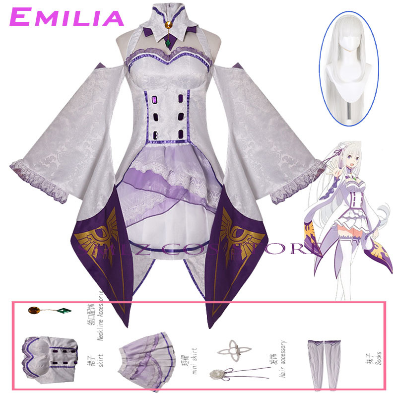 Anime Cosplay Dress - เอมิเลียคอสเพลย์อะนิเมะเรซีโร่ คาร่า ฮาจิเมรุ อิเซไค เซียคัตสึชุดเครื่องแต่งกายสีขาวชุดวิกผมชุดปาร์ตี้ฮาโลวีนชุดสำหรับผู้หญิง
