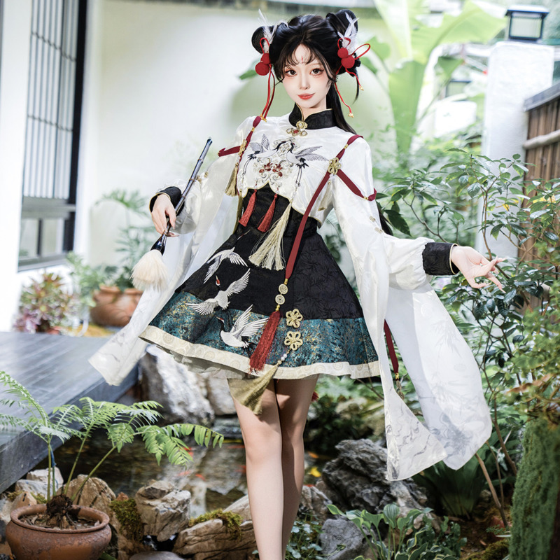 Anime Cosplay Lolita - ชุดฮั่นฝูสไตล์จีน ลายเครน ชุดโลลิต้าสไตล์จีน ชุดฮั่นฝูผสมผสานสไตล์จีนสมัยใหม่ ชุดเสื้อแจ็คเก็ตและเดรสสำหรับผู้หญิง