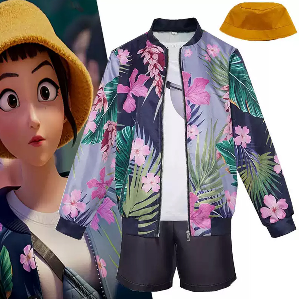 Anime Zoey Cosplay - ชุดคอสเพลย์โซอี้ ชุดแจ็คเก็ตพิมพ์ลายดอกไม้พร้อมหมวกบักเก็ตสีเหลือง ชุดคอสเพลย์อนิเมะสำหรับฮาโลวีน
